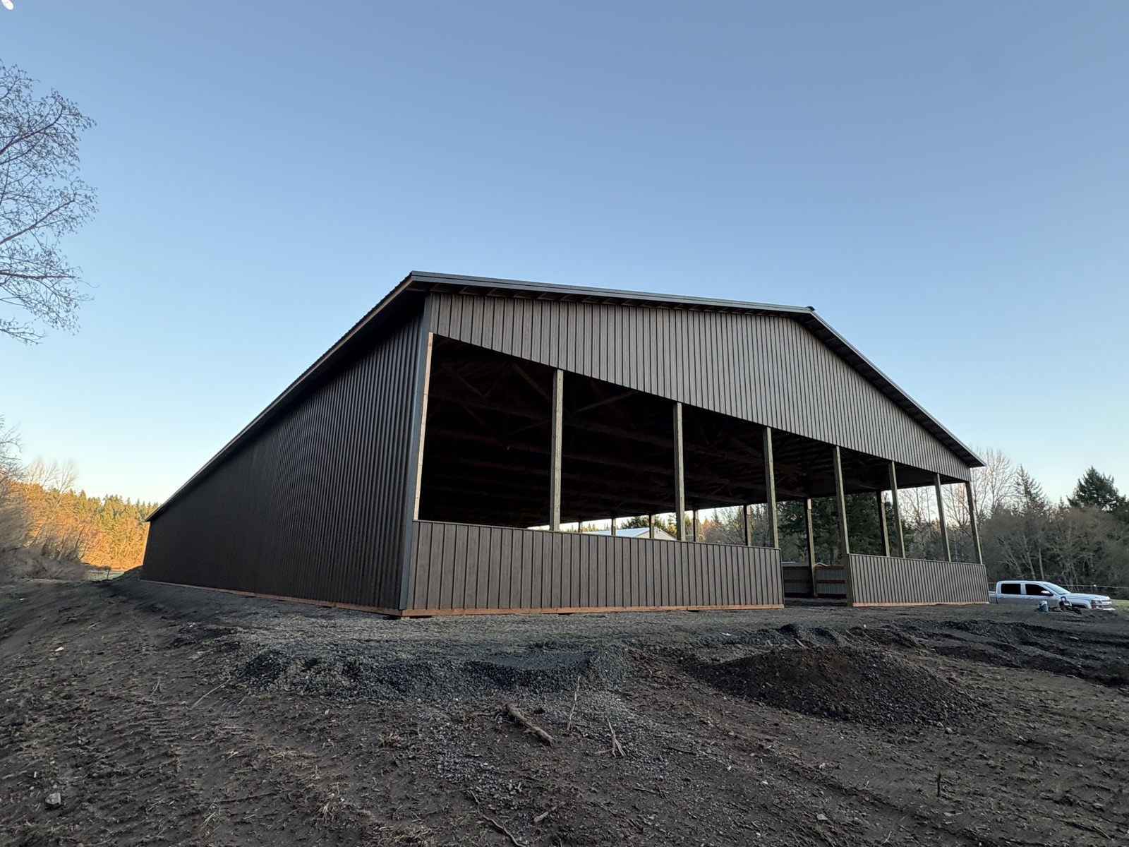 80×204 Arena, Stall Barn & Breezeway — Clackamas County, Oregon (80×204 arena + 60×84 stall barn + 12×84 wing) in Clackamas County, Oregon, built by Miner Pole Buildings